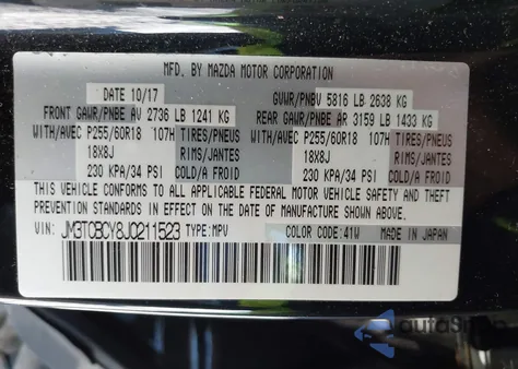 2018 Mazda Cx-9 Touring z USA, uszkodzony, nr VIN JM3TCBCY8J0211523